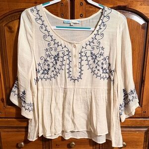 Cecico Cream Blouse with Navy Embroidery
